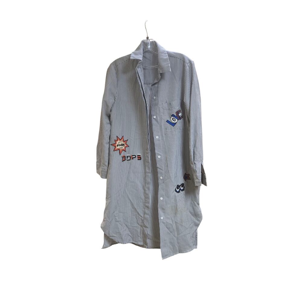 Mo & Co long sleeve blue striped button down dress with patches and beadwork